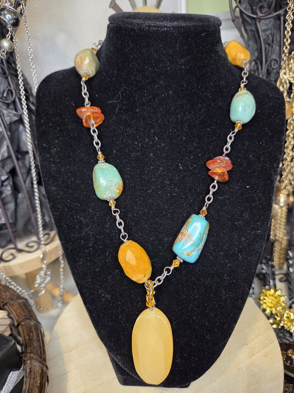 Turquoise & Amber Statement Pendant Necklace - Women Jewelry